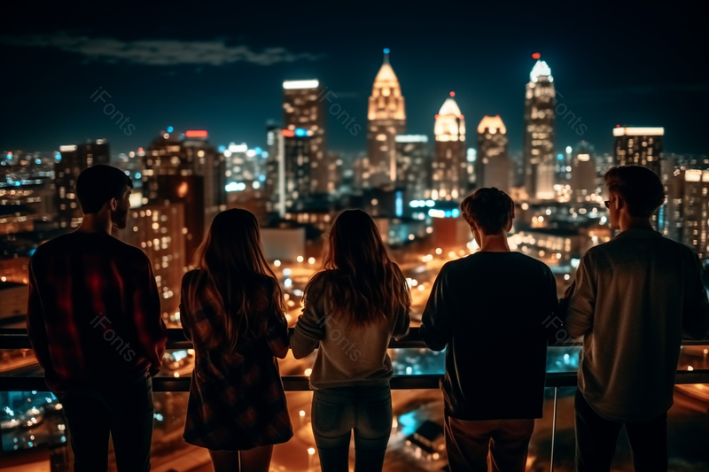 屋顶上一群年轻人夜间聚会背影,高清,摄影图,摄影图片,图片大全,摄影图免费下载